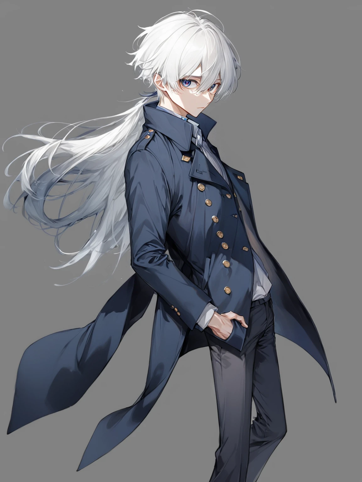 male, anime style, 2d, young, white hair, dark blue coat, dark grey pants, standing pose,  high definition, best quality, high quality eyes