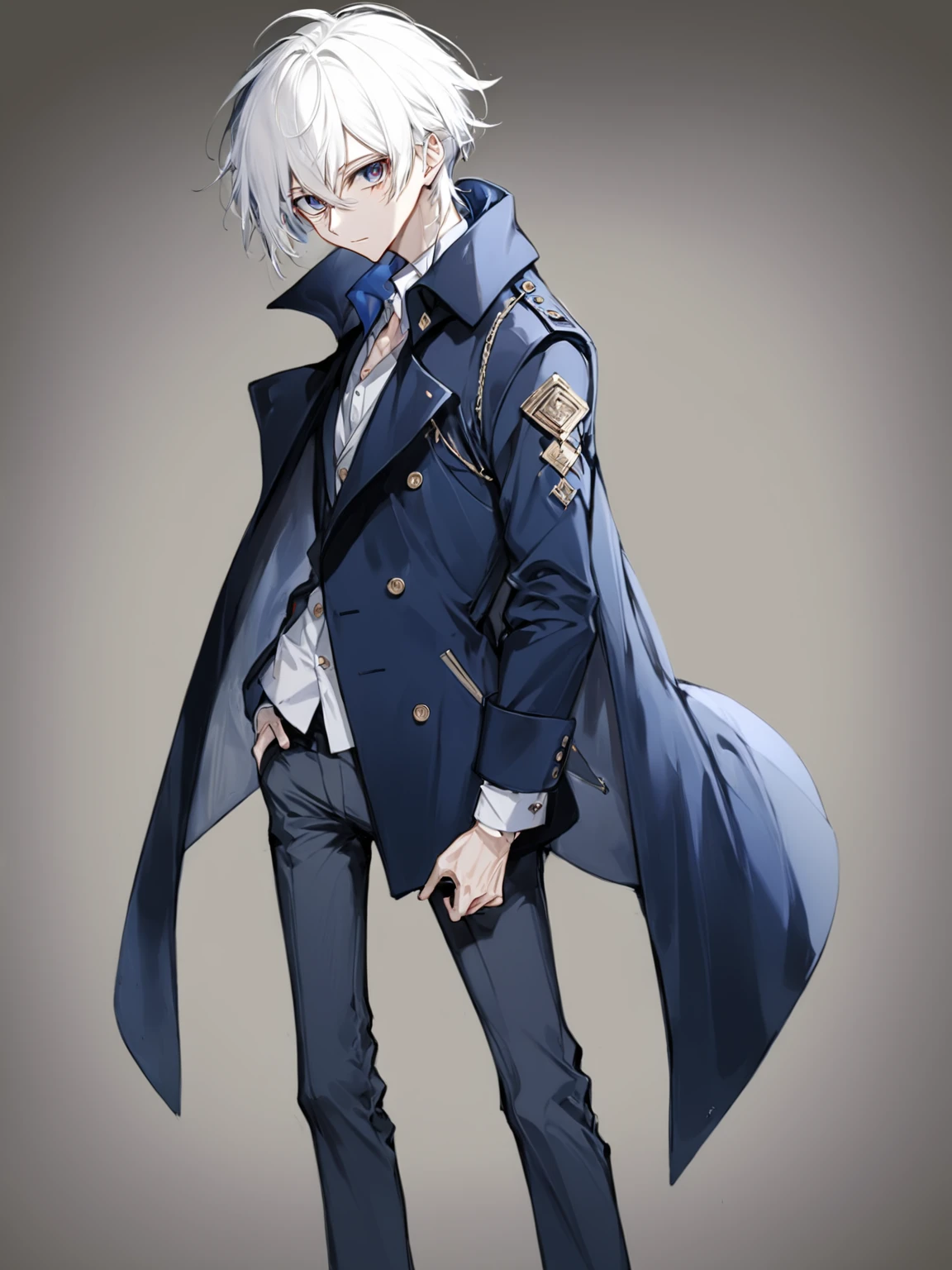 male, anime style, 2d, young, white hair, dark blue coat, dark grey pants, standing pose,  high definition, best quality, high quality eyes