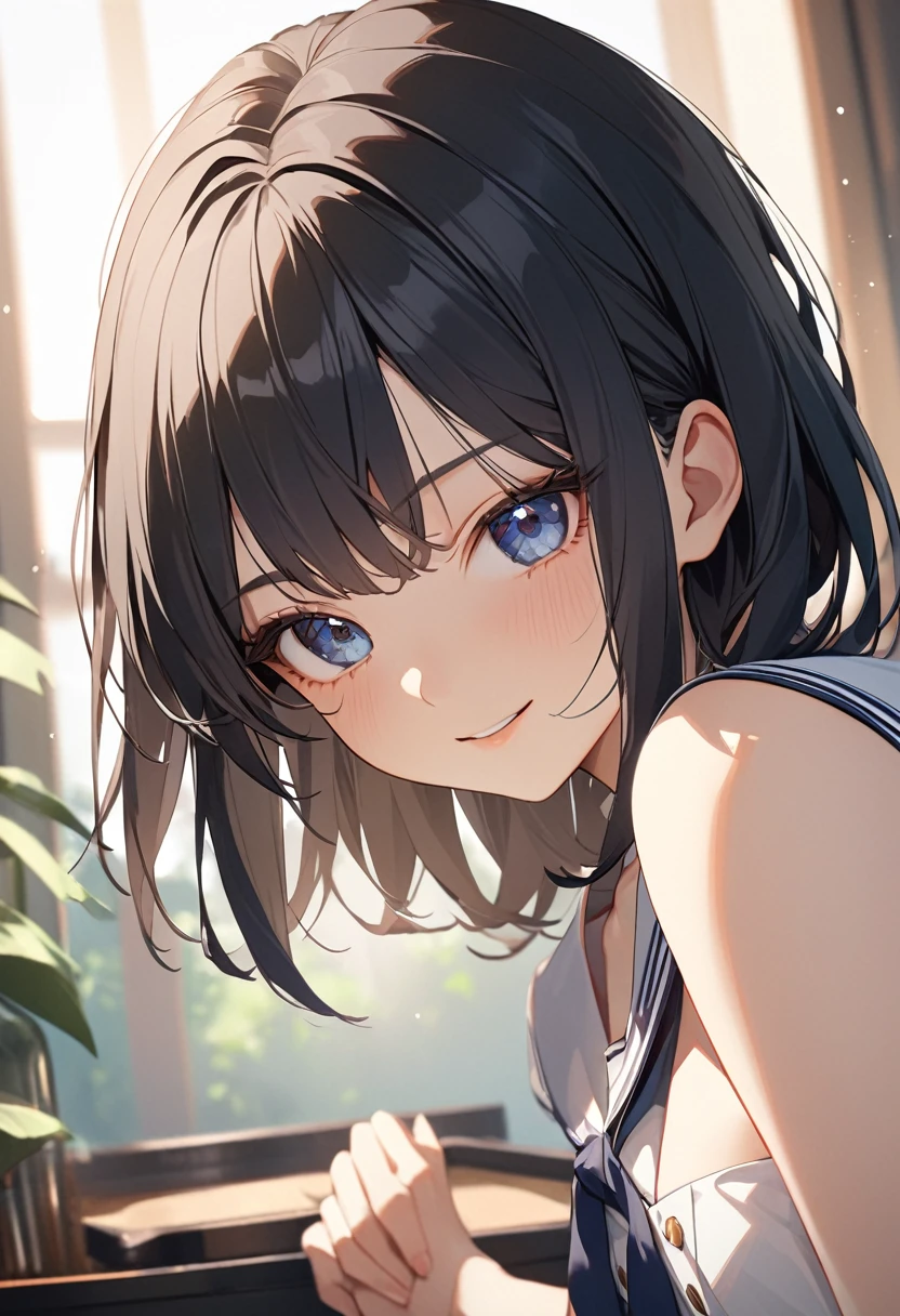 8k, highest quality, masterpiece, Wallpapers by Unity 8k, (One Girl) , 17 years old、 Perfect detail, (Best lighting) , (非常にComplexディテール)、 1girl, Black Hair、Round eyes、Very detailed, Complex、Flat Chest、 smile、High 、Sailor suit、No sleeve、side boob