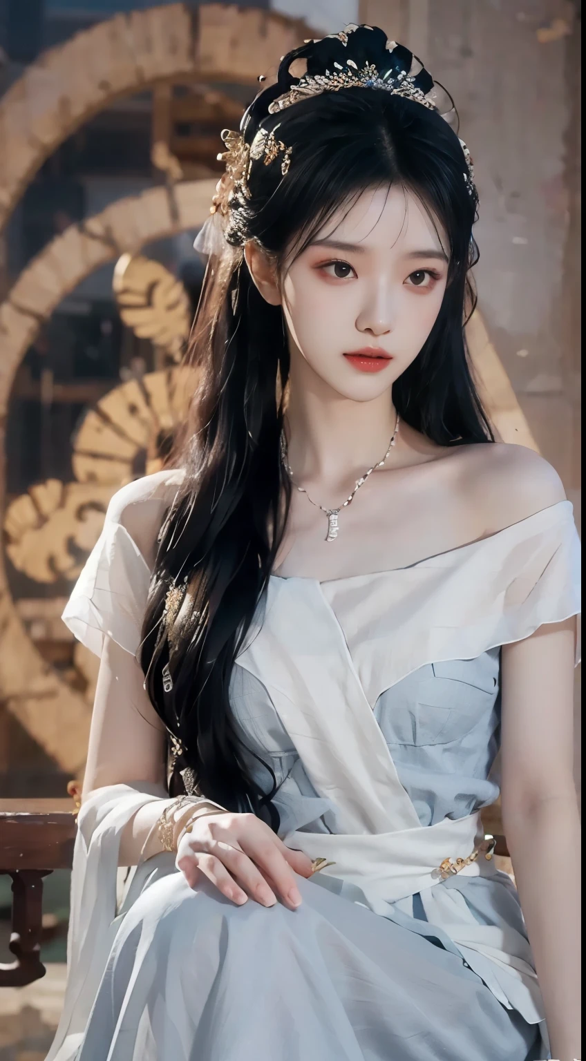  night, Deep blue sky, White dress, Long skirt at chest, long black hair, long hair and waist, Beautiful girl, God, god, White headdress, Sitting on the railing, hair, side fringe, scarf, hair ornament, Forehead Gem, Baolai Jewelry Branch, crescent hair ornament, fish hair ornament, God ray, flash, movie lighting, Lens flare, Ultra HD, High Detail, high quality, high resolution, best quality, 8K, 16K, High Detail, high quality, high quality, Super Detail, Anatomically correct, masterpiece, precise