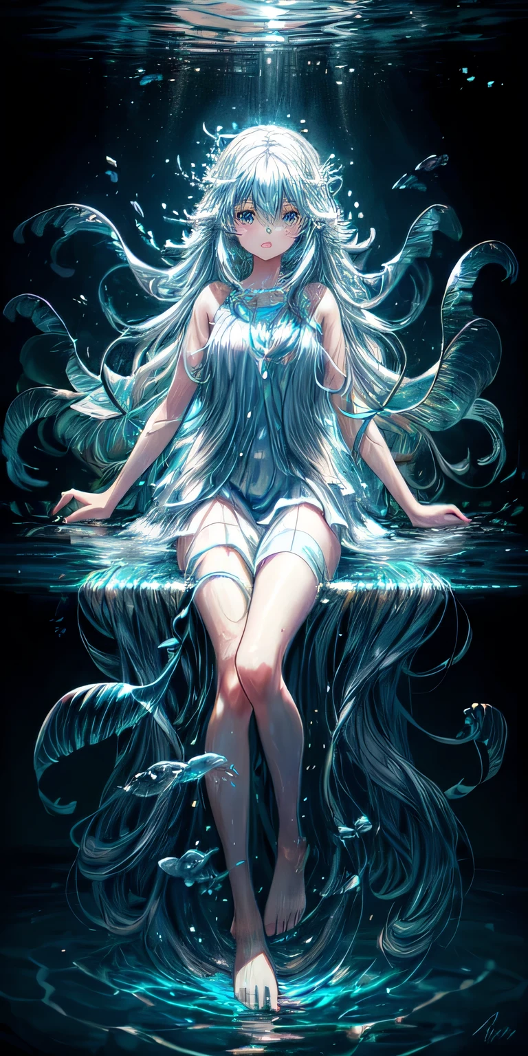 1girl, water, 3/4 view, Aquascend energy surrounding her, flowing locks, flowing white and blue dress, coral and fish swimming around her, underwater scenery, detailed facial expression, gentle hands, soft focus, warm lighting, mystical aura, oceanic background