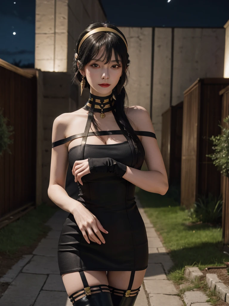 masterpiece, best quality, highres, aayorf, sidelocks, gold hairband, hair ornament, red eyes, gold earring, large breasts, choker, bare shoulders, black dress, two-sided dress, fingerless gloves, thigh boots, cowboy shot, standing, looking at viewer, outdoors, night