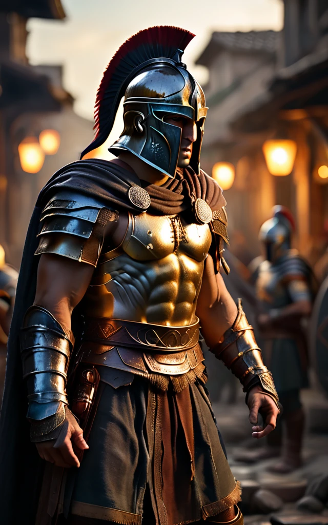 As the sun began to set, The warm golden color of the sun shone on his clothes, but Due to betrayal, the Spartans are surrounded fight till the last man, background dark, hyper realistic, ultra detailed hyper realistic, photorealistic, Studio Lighting, reflections, dynamic pose, Cinematic, Color Grading, Photography, Shot on 50mm lens, Ultra-Wide Angle, Depth of Field, hyper-detailed, beautifully color, 8k, Detailed background, dark light, twilight lighting, Volumetric lighting, intricate details, ultra high definition,