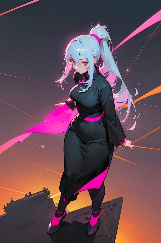 anime, (artwork, best quality, ultra-detailed, high contrast), 1 woman (Alone, full body, plus size body, standing on the edge of the skyscraper, silver hair, LONG In a ponytail, red eyes, perfect eyes ruby sparkles, (simple black qipao, black cybernetics with neon pink), transparent black socks), (skyscraper roof, overlooking a city, detailed background ((night time, Darkness, low light pollution)))

