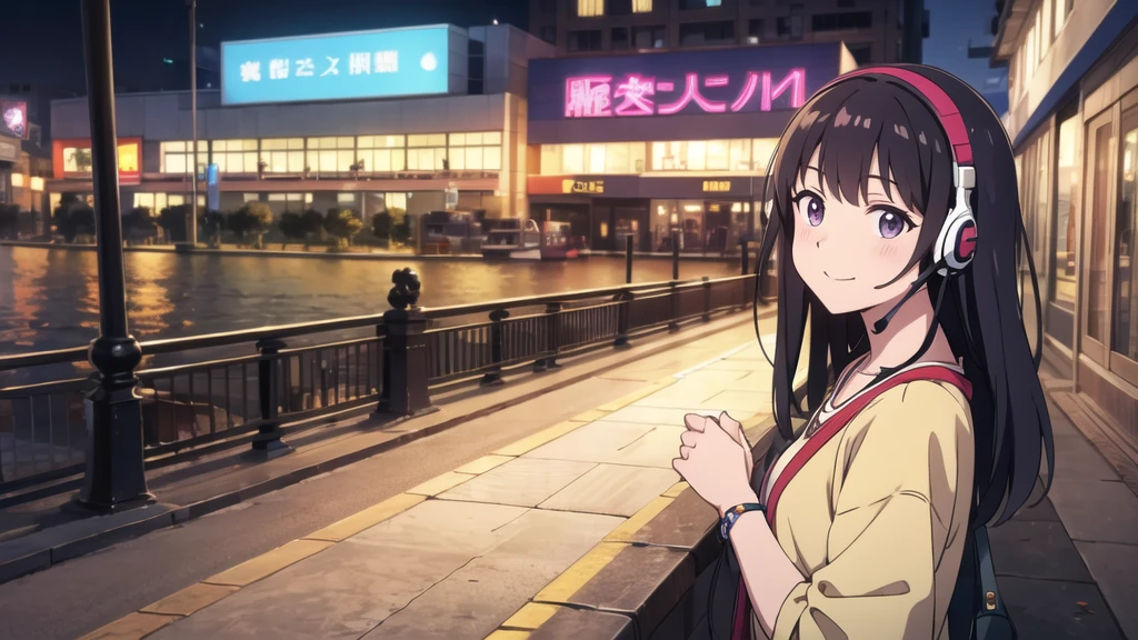 (8k, High resolution, Best Quality, Masterpiece:1.2), Lo-Fi, Relaxed girl listening to music with a headset 1, bicycle, smile, はにかんだsmile, In the city, neon