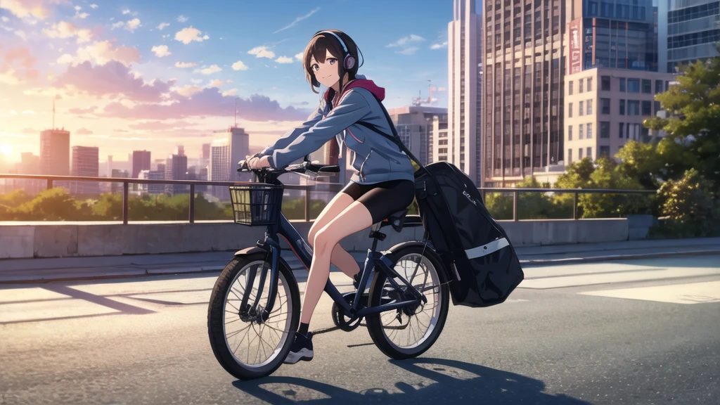 (8k, High resolution, Best Quality, Masterpiece:1.2), Lo-Fi, Relaxed girl listening to music with a headset 1, bicycle, smile, はにかんだsmile, In the city, neon