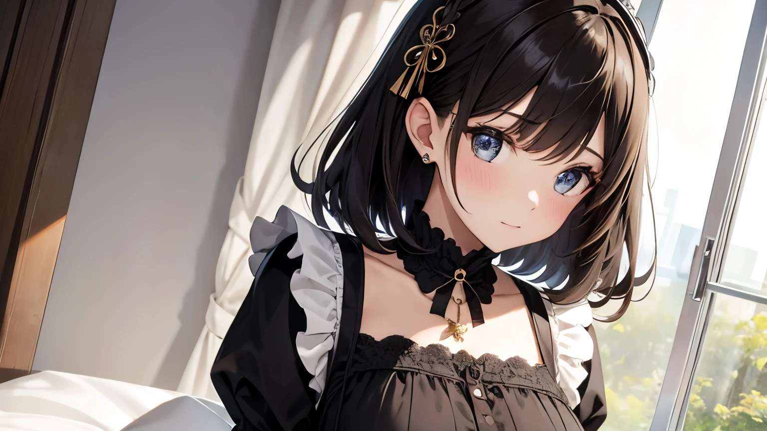 A beautiful girl wearing a brown maid outfit with lots of frills and lace Long sleeve Black bob with hair ornament Upper Body Big Breasts