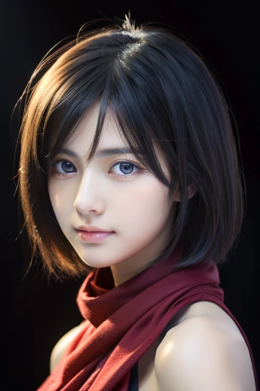 Mikasa, 19 year old young woman, Masterpiece, Best quality, High resolution, Short hair, Black eyes, Red Scarf, upper body, beauty, detailed eyes, detailed face, extremely beautiful face, sky, Highest quality, high resolution.