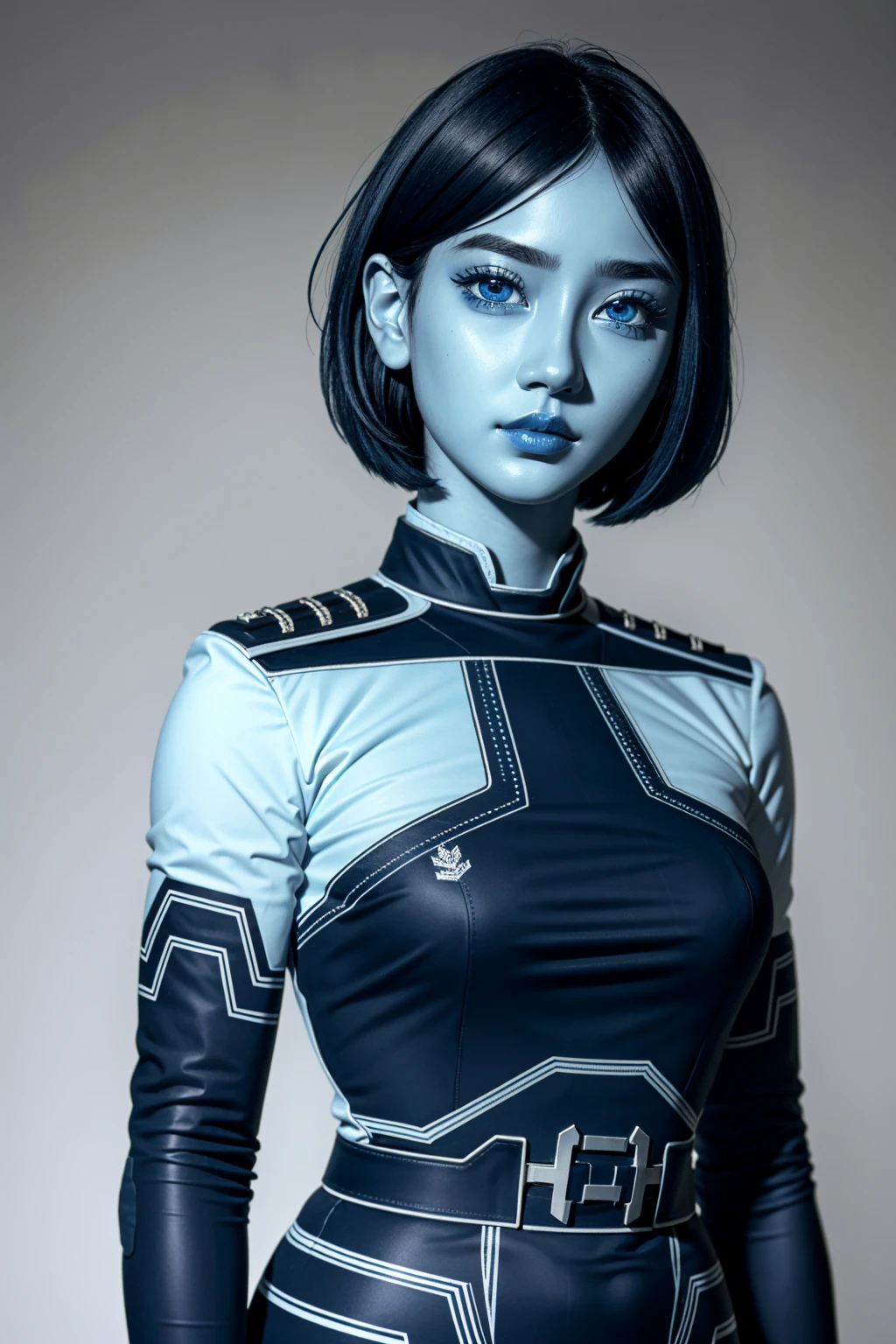 CortanaH, 1girl, solo, short hair, blue eyes, blue theme, blue skin, black hair, colored skin, lips, upper body, realistic