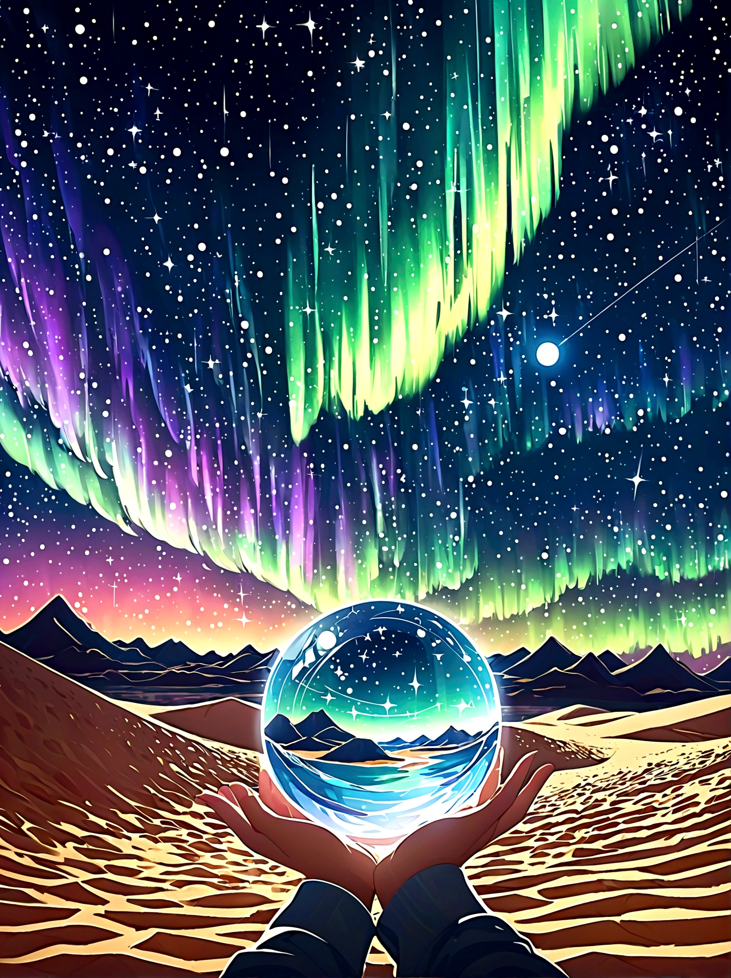 1pzsj1, Holding a crystal ball in one hand，Inside the crystal ball，Inside the sphere，night，The girl was fascinated by the vast desert，Gaze at the stars and the moonlit sand dunes，Aurora can be seen faintly in the distance