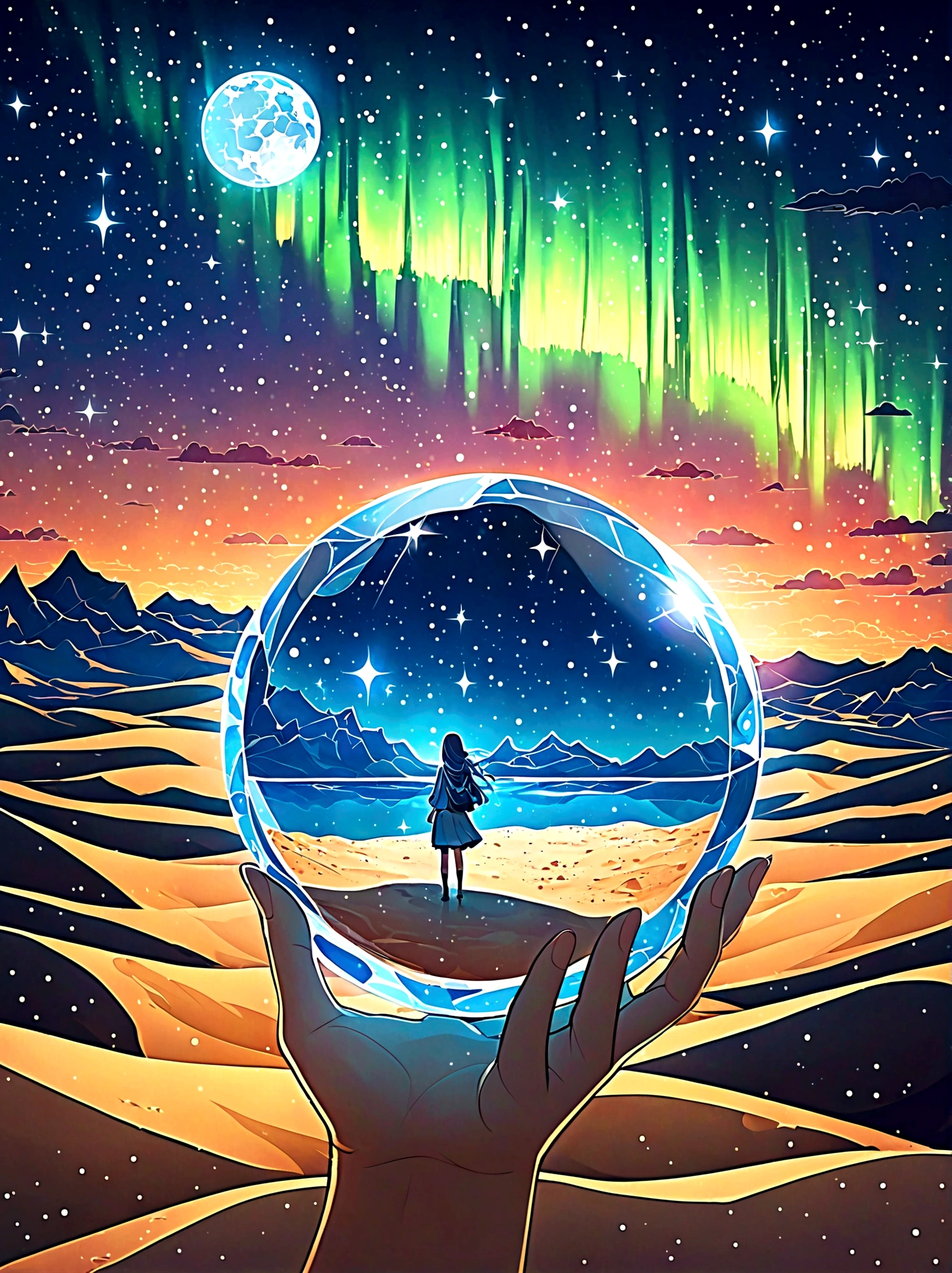 1pzsj1, Holding a crystal ball in one hand，Inside the crystal ball，Inside the sphere，night，The girl was fascinated by the vast desert，Gaze at the stars and the moonlit sand dunes，Aurora can be seen faintly in the distance