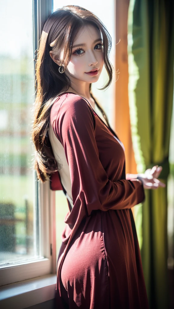 (((HD photo))), ultra high res.photorealistic:. 1.4, UHD (best quality,4k,8k,highres,masterpiece:1.3),ultra-detailed,(realistic,photorealistic,photo-realistic:1.37),1 girl,beautiful detailed eyes,beautiful detailed lips,extremely detailed face,long eyelashes,medium:oil painting,soft lighting,impressionistic style,red colors,beautifully shalwar kameez dressed,wistful expression,standing with one hand on the window frame,gentle breeze blowing her hair,warm sunlight streaming through the window,green plants visible outside the window,soft curtains framing the girl,peaceful atmosphere,serene and tranquil ambiance