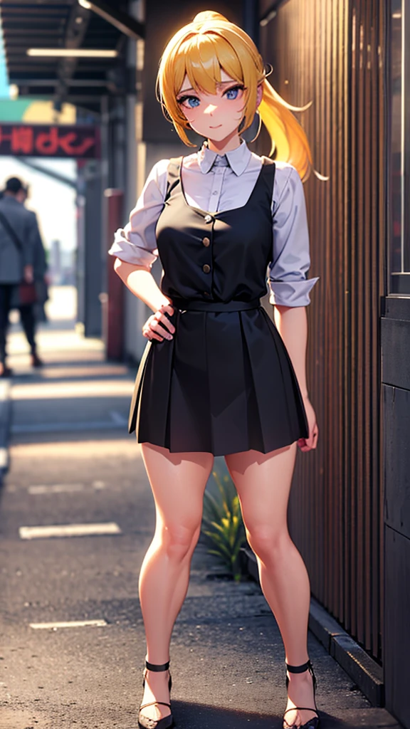 Beautiful girl in a short skirt with yellow hair in a ponytail on both sides, wallpaper. 3D