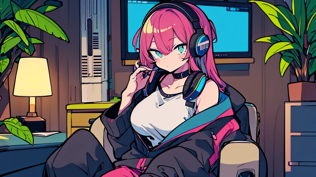 Best quality, (masterpiece:1.2), best detail face,1 girl, big breasts, 18 yo, 8k,absurdres,unity 8k wall paper,(extremely detailed:1.3), highest realistic, (retro headphones:1.1), (soft neon light:1.1), Her room full of music equipment and plants, Leaning back on the chair with a casual attitude, Light clothing in summer, natural color palette