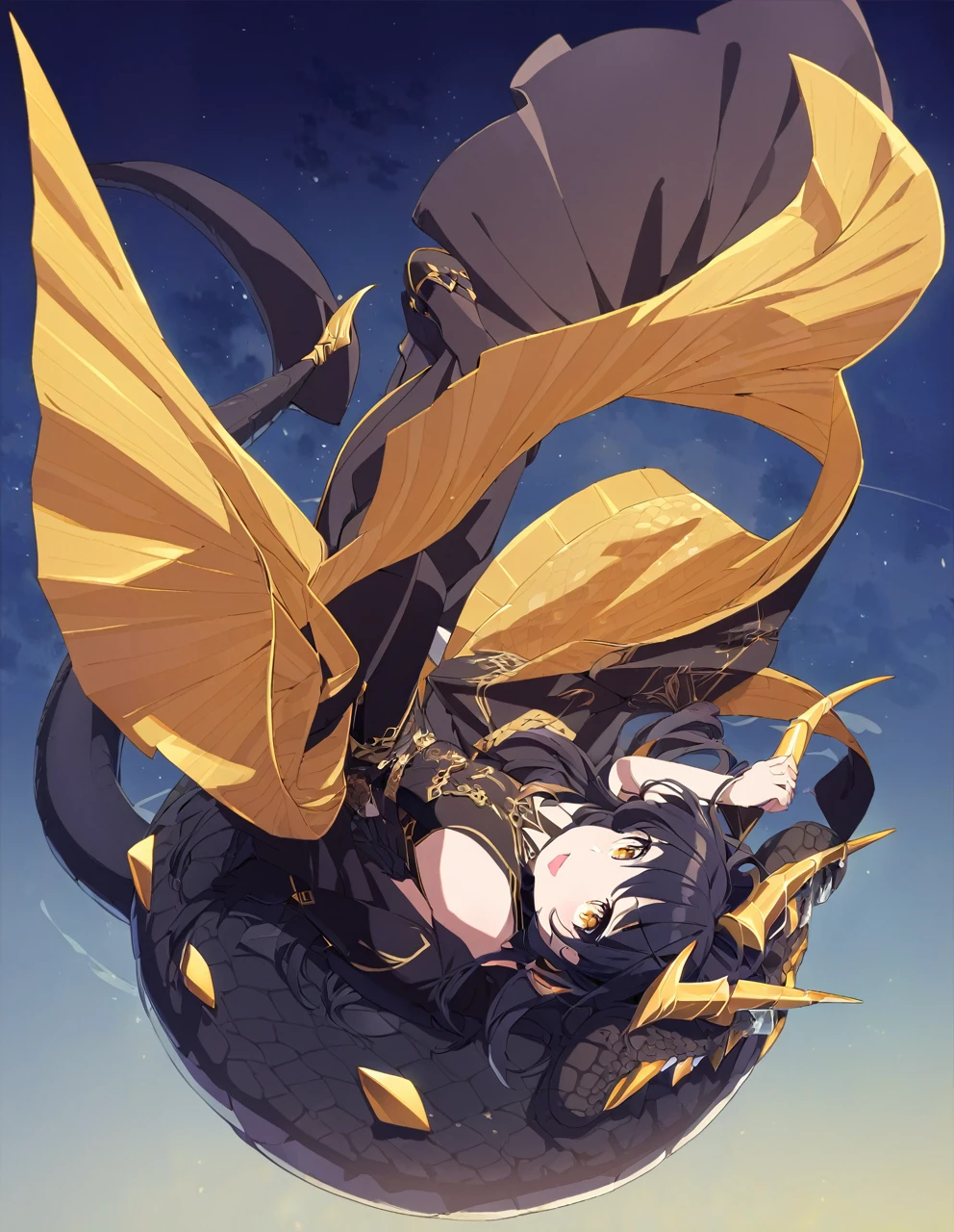 Dragon girl with crystal　golden horn　Black Hair　Full body black　Dragon's tail　Aerial