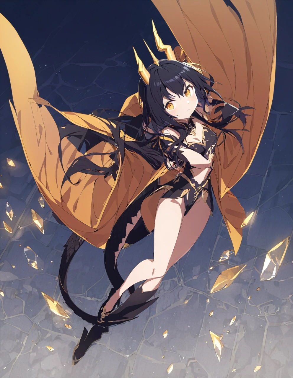 Dragon girl with crystal　golden horn　Black Hair　Full body black　Dragon's tail　Aerial