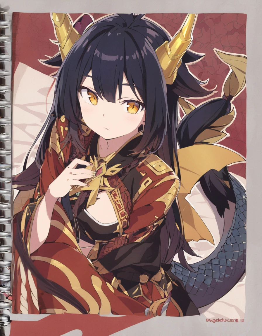 Dragon girl with crystal golden horn Black Hair Dragon's tail