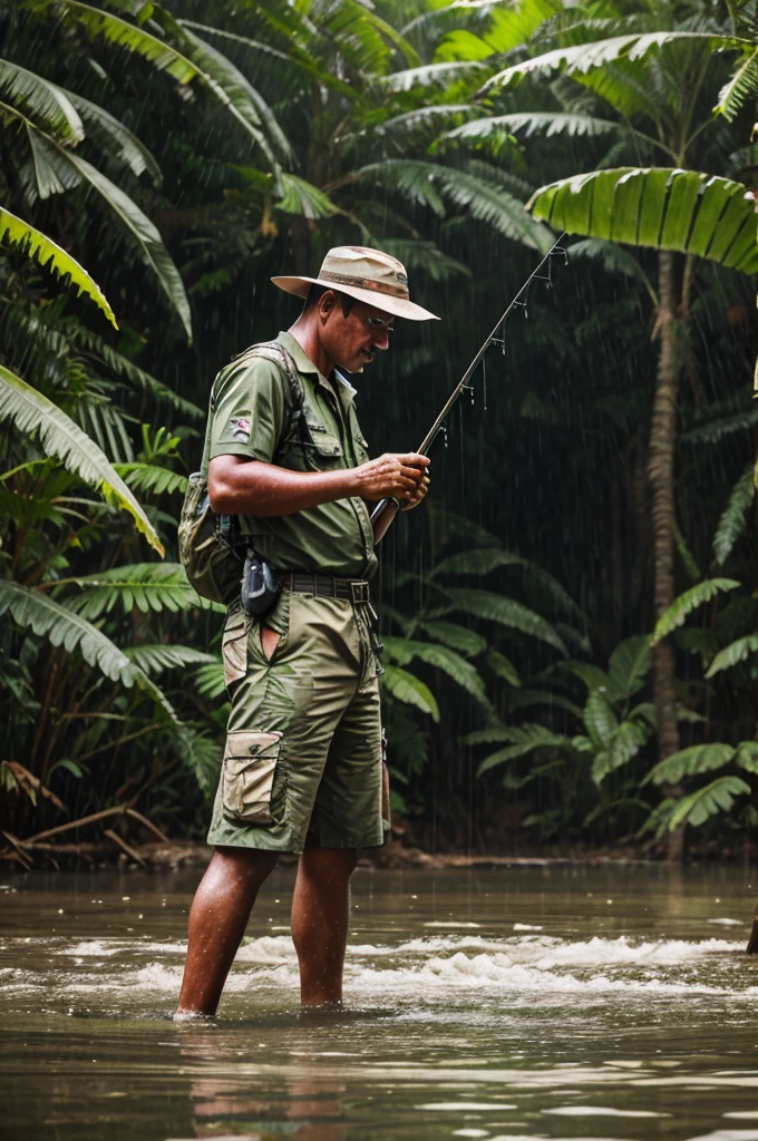 A man has gone fishing in the jungle. There are tigers all around him and it is raining. The weather is pleasant.