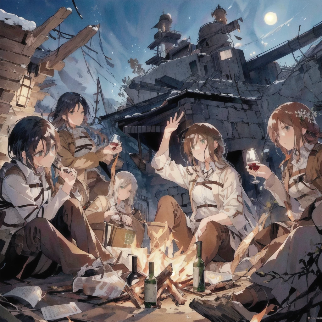 Female characters sitting around a campfire with a glass of wine, 4K Manga Wallpapers, Sunku, everyone, From Attack on Titan, Official Art, Attack on Titan anime style, comics, artwork in the style of Gweitz, shingeki no kyojin, Anime Wallpaper, Attack on Titan Secret Art, Gweitz, Wisdom Friends Animation