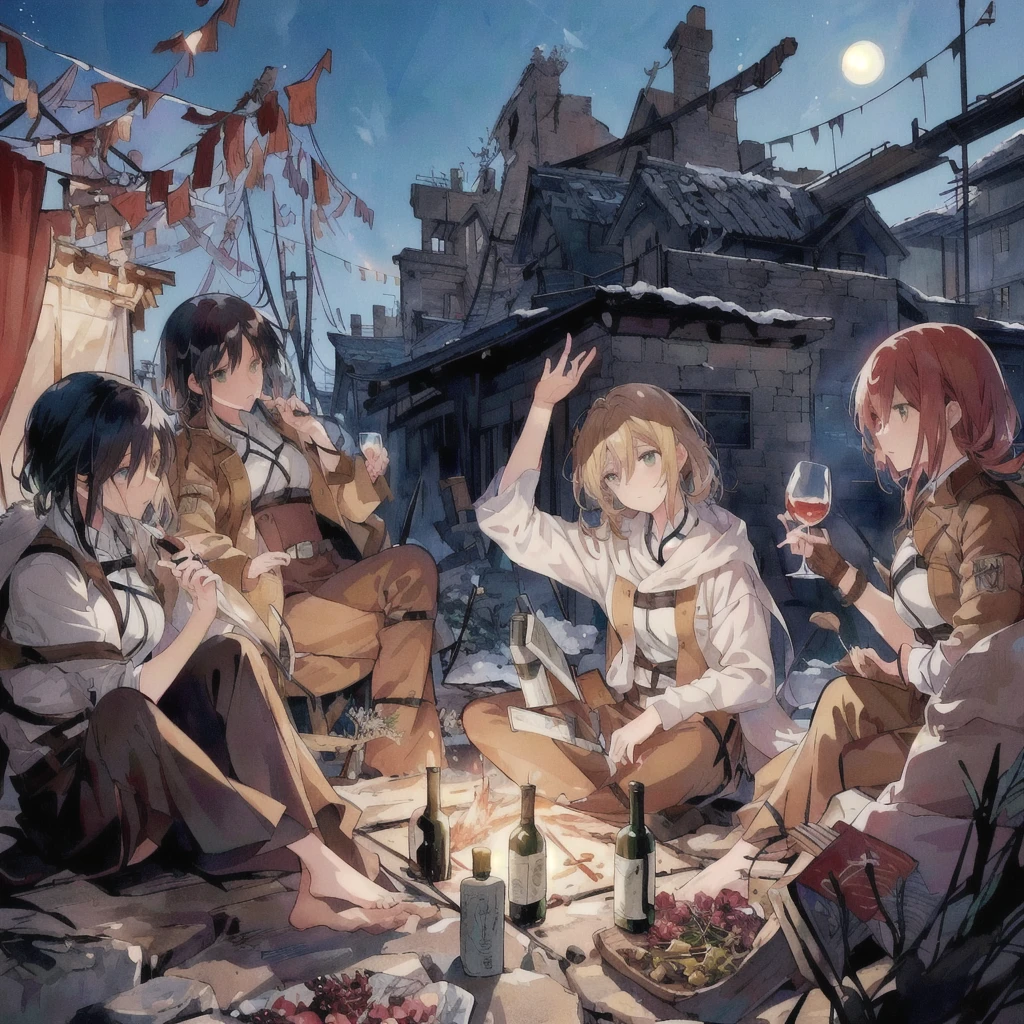 Female characters sitting around a campfire with a glass of wine, 4K Manga Wallpapers, Sunku, everyone, From Attack on Titan, Official Art, Attack on Titan anime style, comics, artwork in the style of Gweitz, shingeki no kyojin, Anime Wallpaper, Attack on Titan Secret Art, Gweitz, Wisdom Friends Animation