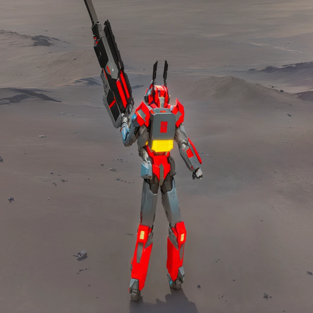 transformers, a gray colored male transformer with red inserts, symmetrically arranged red parts, on the frontof the body not transparent cabin, on the back - heavy weapons, arms from elbows to hands look like the back part of a car, wheels are visible on the shoulders, on the legs from knees to the ankle there are car front details, He holds a sci-fi weapon, no helmet, light blue eyes, two legs, two arms, not a suit, on a background there is an empty dark blue metal desert, no buildings, no structures, dark blue storm clouds, light blue lightning from the clouds, blue river, river to the horizon, electrified river, light blue lightning from the river, space sky, stars in the sky, composition on the metal planet, big metalic planet, dark-blue metal, shiny metal, cybertron, mechanical planet, empty wasteland, dark blue storm clouds, light blue lightning from clouds, blue river, river to horizon, electrized river, light blue lightning from river, space sky, stars on the sky, realistic, watercolor, 4k, high quality, hight attention to details, concept art, concept art by Chris Mowry.