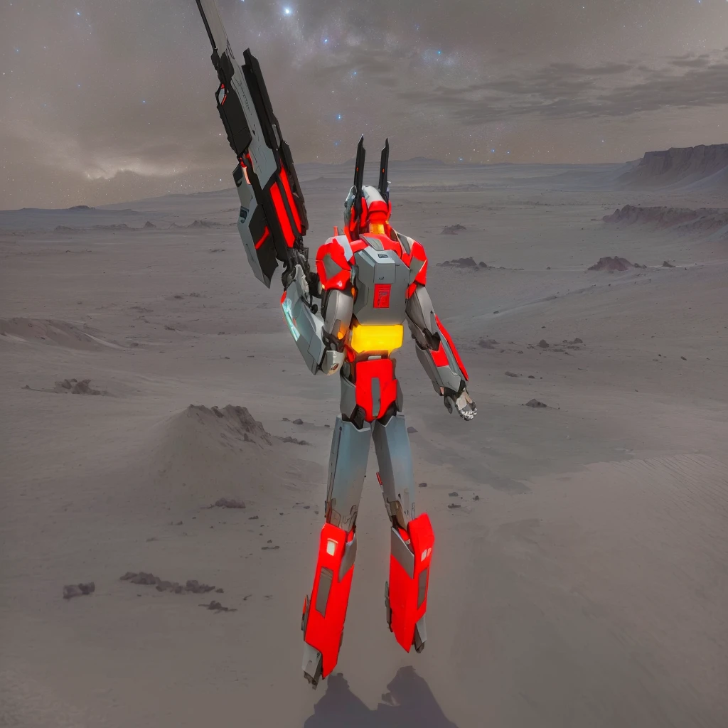 transformers, a gray colored male transformer with red inserts, symmetrically arranged red parts, on the frontof the body not transparent cabin, on the back - heavy weapons, arms from elbows to hands look like the back part of a car, wheels are visible on the shoulders, on the legs from knees to the ankle there are car front details, He holds a sci-fi weapon, no helmet, light blue eyes, two legs, two arms, not a suit, on a background there is an empty dark blue metal desert, no buildings, no structures, dark blue storm clouds, light blue lightning from the clouds, blue river, river to the horizon, electrified river, light blue lightning from the river, space sky, stars in the sky, composition on the metal planet, big metalic planet, dark-blue metal, shiny metal, cybertron, mechanical planet, empty wasteland, dark blue storm clouds, light blue lightning from clouds, blue river, river to horizon, electrized river, light blue lightning from river, space sky, stars on the sky, realistic, watercolor, 4k, high quality, hight attention to details, concept art, concept art by Chris Mowry.