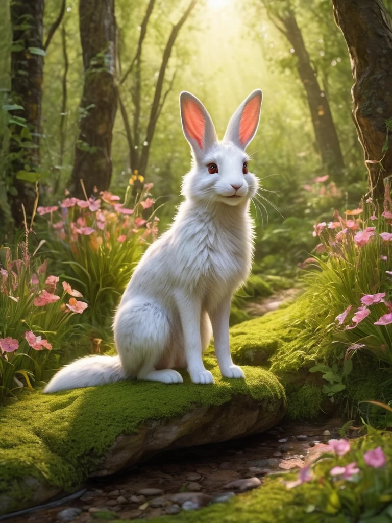 A high-resolution image featuring a realistic white rabbit and a red fox in a cheerful and happy setting. The rabbit, with soft white fur and pink-tinted ears, stands upright, its eyes bright and expressive. The fox, with a lush red coat and a bushy tail, sits nearby, displaying a playful demeanor. The scene is set in a softly lit forest clearing, with golden sunlight filtering through the trees, creating shimmering highlights and emphasizing the animals’ fur. The background is detailed with vibrant green foliage, scattered wildflowers, and additional elements like fallen leaves, soft grass, and small bushes, adding richness and natural beauty. A small wooden bridge or moss-covered rock could be included to enhance the scene’s charm. The overall mood is one of natural joy and tranquility, with butterflies fluttering around and small birds hopping nearby. The design style is reminiscent of a fairytale, with harmonious and beautiful natural elements. The high-detail depiction of the animals’ fur and the sharp, realistic presentation of the grass, leaves, and wildflowers create a vivid and lifelike atmosphere.