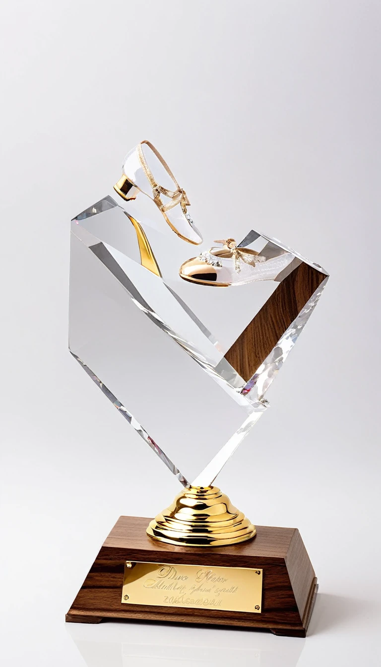 A dance trophy;A crystal trophy made of a pair of crystal ballet shoes,Walnut wooden square base,Simple and elegant;There is a gold metal nameplate on the base;Dance shoes staggered rise,Ribbon embellishment。White background。Front view。
