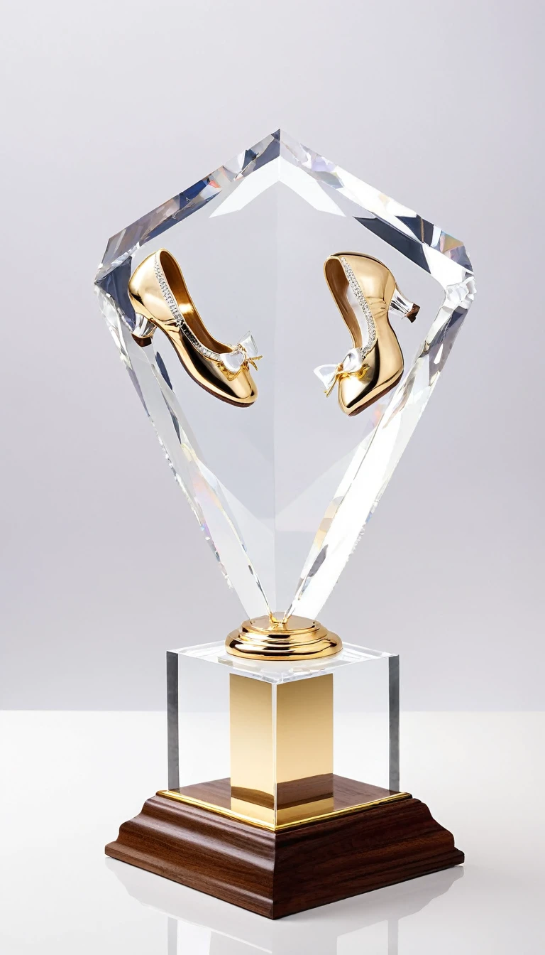 A dance trophy；A crystal trophy made of a pair of crystal ballet shoes，Walnut wooden square base，Simple and elegant；There is a gold metal nameplate on the base；Dance shoes staggered rise，Ribbon embellishment。White background。Front view。