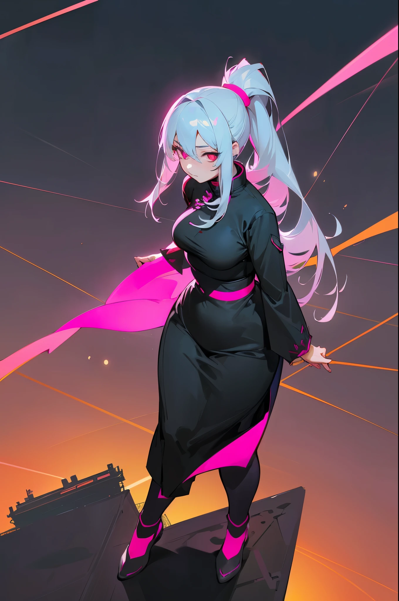 anime, (artwork, best quality, ultra-detailed, high contrast), 1 woman (Alone, full body, plus size body, standing on the edge of the skyscraper, silver hair, LONG In a ponytail, red eyes, perfect eyes ruby sparkles, (simple black qipao, black cybernetics with neon pink), transparent black socks), (skyscraper roof, overlooking a city, detailed background ((night time, Darkness, low light pollution)))