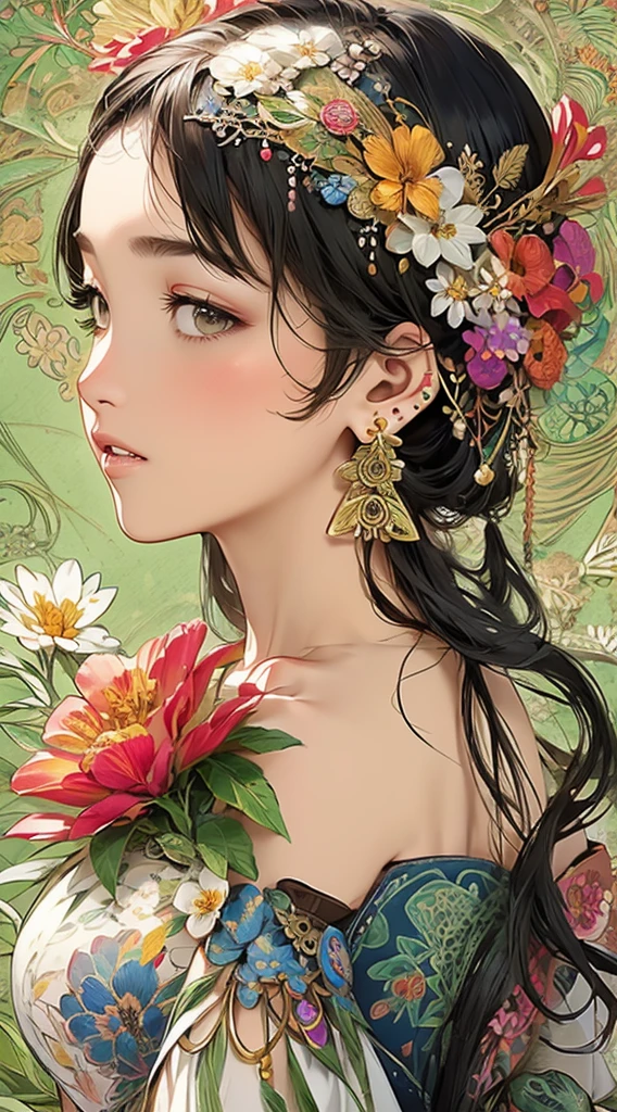 cute、Perfect Anatomy、Picturesque、sketch、texture、solo、Very detailed、(Fractal Art:1.1)、(Gentle colors:1.1)、(Floral:1.6)、Most detailed、(Zentangle:1.2)、(Dynamic pose)、(Abstract background:1.3)、(Glowing Skin)、(Many colors:0.8)、、(Earrings:1.4)、(feather:0.9)、Taisho romance,(masterpiece、highest quality、highest quality、Official Art、Beautiful and aesthetic:1.2)、