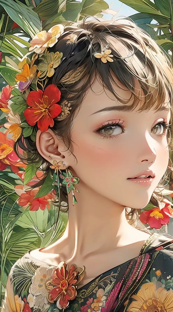 cute、Perfect Anatomy、Picturesque、sketch、texture、solo、Very detailed、(Fractal Art:1.1)、(Gentle colors:1.1)、(Floral:1.6)、Most detailed、(Zentangle:1.2)、(Dynamic pose)、(Abstract background:1.3)、(Glowing Skin)、(Many colors:0.8)、、(Earrings:1.4)、(feather:0.9)、Taisho romance,(masterpiece、highest quality、highest quality、Official Art、Beautiful and aesthetic:1.2)、