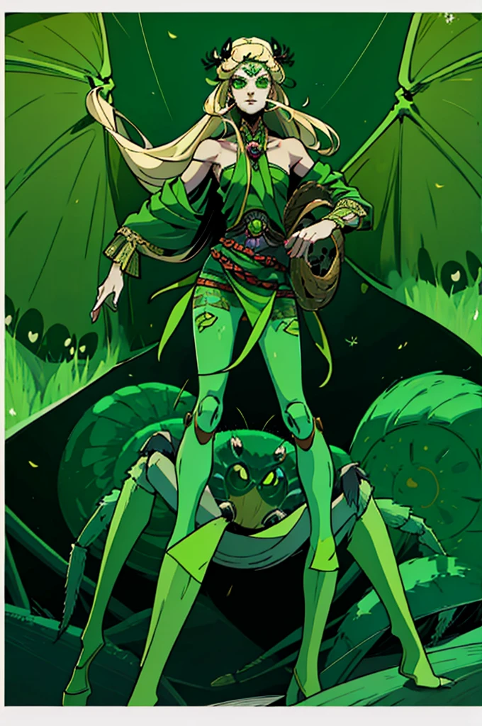 1girl, arachnid body, hairy thin long spider legs, dragonfly wings, moth antenas on head, blonde long hair, green clothes, green eyes, flat chest, hades style, hadesstyle, hades2style, hades 2 style, Arachne, Arachnea, silk weaver