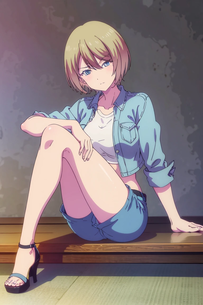 masterpiece, best quality, highres, akane hououji,full body,1girl, solo, short hair, blonde hair, blue eyes, ,crop top, denim jacket,jean shorts, midriff, underboob,high heels,crossed legs, good legs, sitting, big breasts, medium waist, wide hips, medium thighs, good anatomy, good hands, white background