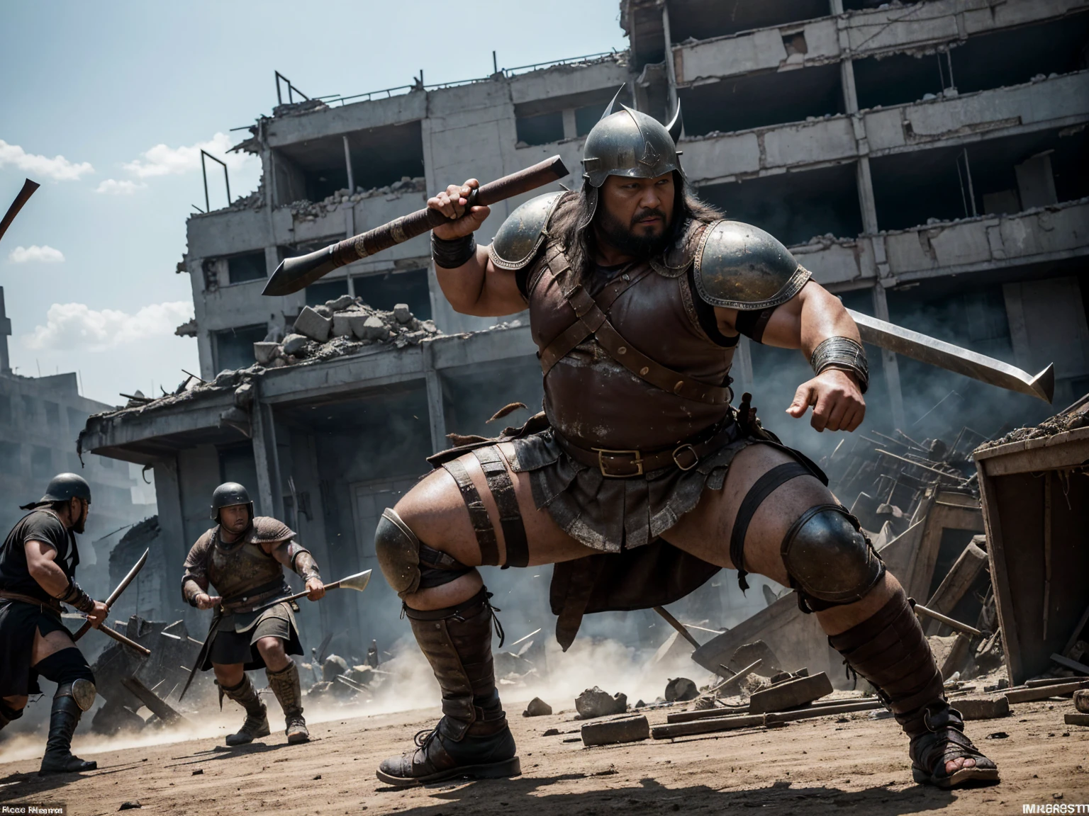 looking at us, Staring Intently, face focus, Bandit, Fat ferocious barbarian:2, This barbarian is a robust stocky Japanese, smirking, lets out a yell, mid combat, intense battle scene, leather and iron armor, armored short skirt, holding a Viking War Axes, viking helmet, legs exposed from thighs to feet, fierce warriors, ancient battlefields, epic showdown, battleground background, breathtaking action, masterpiece, volumetric lighting, Dramatic, Uighur the Warden, breathtaking action, dynamic poses, bald, ((ultra sharp)), ((masterpiece)), ((best quality)), ((ultra detailed)), ((intricate details)), Inguinal region detailed, Dilapidated, destroyed city after big air raids, fire, A desolate, post-apocalyptic cityscape, A brutal scene, casting an ominous shadow, 