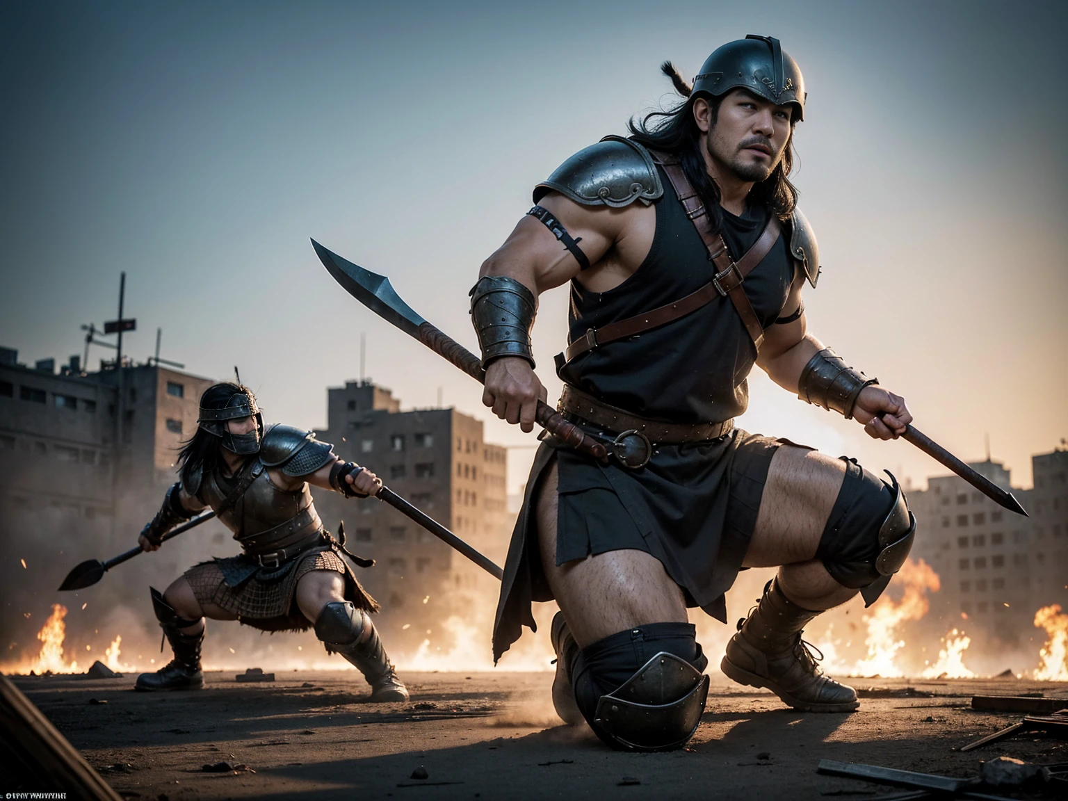 looking at us, Staring Intently, face focus, Bandit, Fat ferocious barbarian:2, This barbarian is a robust stocky Japanese, smirking, lets out a yell, mid combat, intense battle scene, leather and iron armor, armored short skirt, holding a Viking War Axes, viking helmet, legs exposed from thighs to feet, fierce warriors, ancient battlefields, epic showdown, battleground background, breathtaking action, masterpiece, volumetric lighting, Dramatic, Uighur the Warden, breathtaking action, dynamic poses, bald, ((ultra sharp)), ((masterpiece)), ((best quality)), ((ultra detailed)), ((intricate details)), Inguinal region detailed, Dilapidated, destroyed city after big air raids, fire, A desolate, post-apocalyptic cityscape, A brutal scene, casting an ominous shadow,
