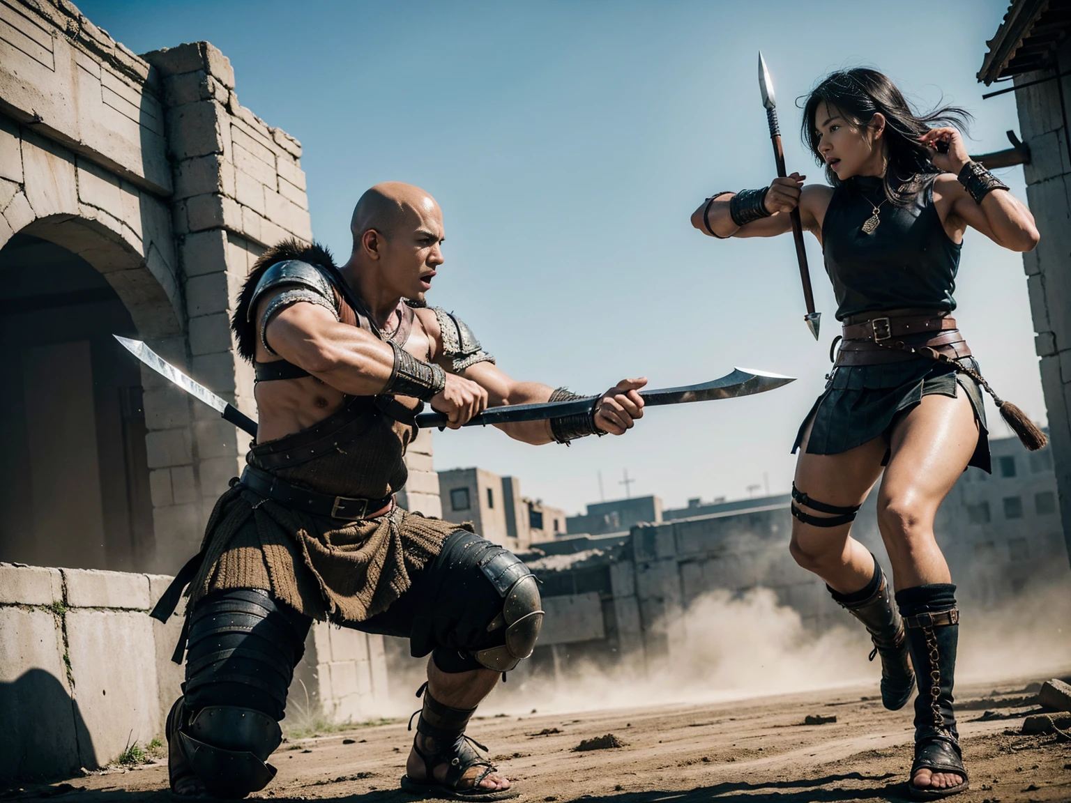 looking at us, Staring Intently, face focus, Bandit, Fat ferocious barbarian:2, This barbarian is a robust stocky Japanese, smirking, lets out a yell, mid combat, intense battle scene, leather and iron armor, armored short skirt, holding a Viking War Axes, viking helmet, legs exposed from thighs to feet, fierce warriors, ancient battlefields, epic showdown, battleground background, breathtaking action, masterpiece, volumetric lighting, Dramatic, Uighur the Warden, breathtaking action, dynamic poses, bald, ((ultra sharp)), ((masterpiece)), ((best quality)), ((ultra detailed)), ((intricate details)), Inguinal region detailed, Dilapidated, destroyed city after big air raids, fire, A desolate, post-apocalyptic cityscape, A brutal scene, casting an ominous shadow,