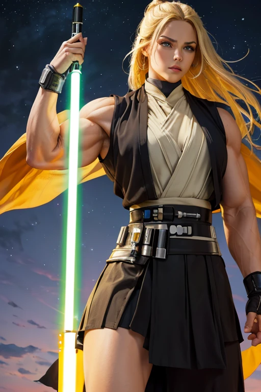 ((((Massive, tall, beautiful, buff, muscular light brown skinned female Jedi with yellow hair, black lipstick, ginormous bulky muscles, holding a lightsaber and wearing an all yellow Jedi outfit and pleated skirt)))), (close view), black eyeliner, massive muscles, massive biceps, hyper muscle triceps, (long flowing hair), gray eyes, Jedi boots, In space, Jedi outfit, nighttime, confident smile, (hyper muscles arms), hyper muscle legs, (ginormous arms)