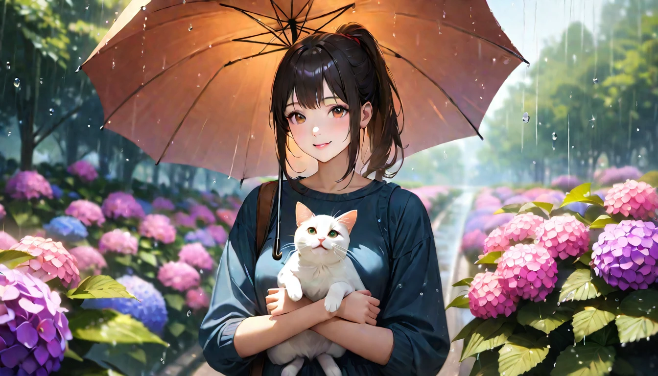 rain,Hydrangea Park, Cute casual clothes, Holding an umbrella,Holding a cat,Blur the background,High school girls,ponytail,smile,Glitter effect,highest quality, 4K, 8k, High resolution, masterpiece:1.2, Very detailed, Realistic:1.37, High resolution, 超High resolution, Ultra-fine painting, Sharp focus, Physically Based Rendering, Very detailedな説明, Professional, Vibrant colors