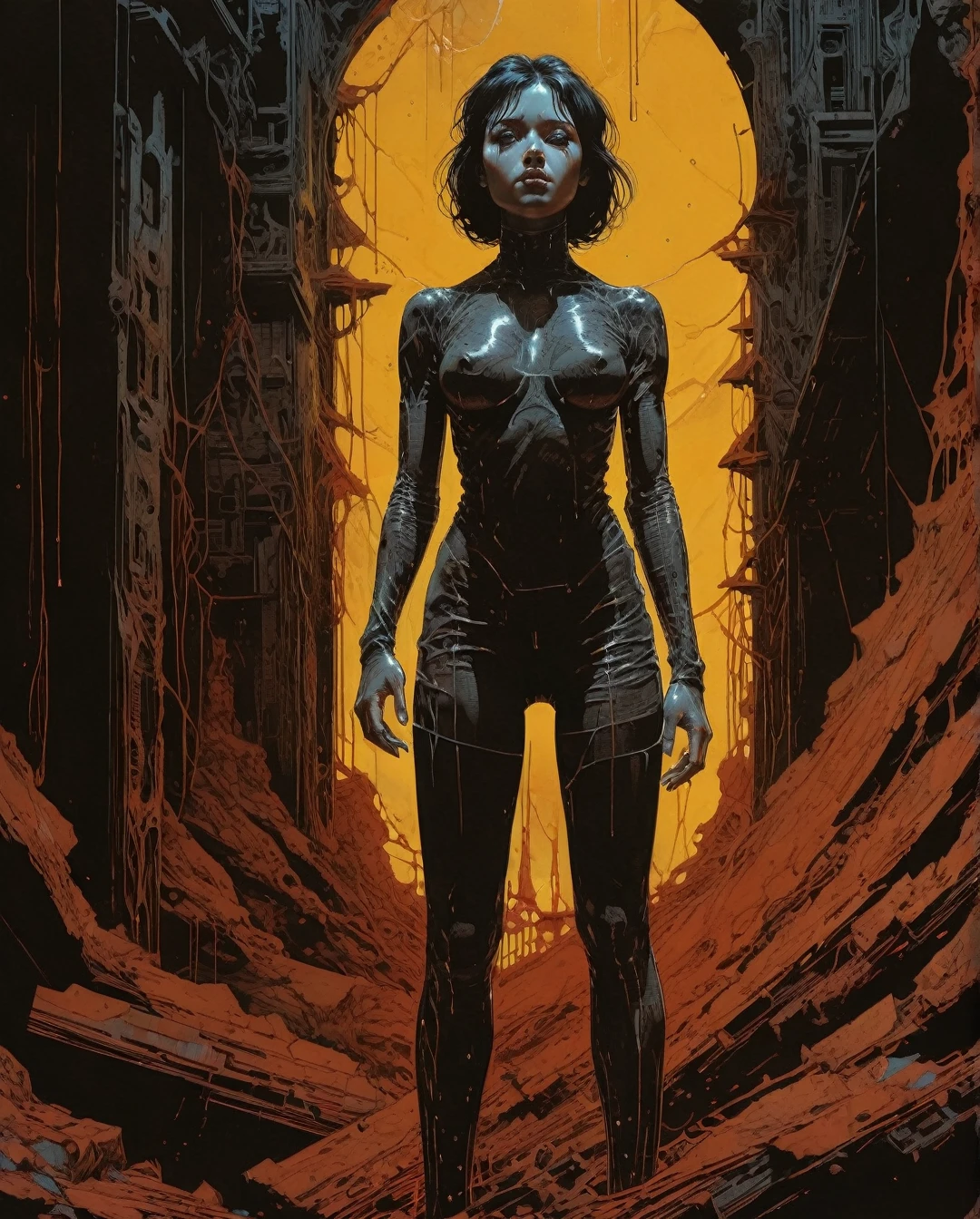 A young, slender adolescent girl with large breasts, pixie black hair, amber eyes, fair skin, and black open blouse, black pants, and white boots..., maximalist art, by Moebius and Hariton Pushwagner, (ambient occlusion, masterful, beautiful), poster art, bold lines, hyper detailed, expressive, award winning, (landscape:1.4), (intricate details, masterpiece, best quality:1.4), looking at viewer, dynamic pose, wide angle view, in the style of nicola samori , futuristic style, sleek, ultra modern, high tech, ornate by Moebius and by Marc Simonetti, clean lines, geometric shapes, Minimalist color scheme of red and cyan
mkitdecy, rust, cracks brutalism, style by Tom Jung and Drew Struzan and Tim and Greg Hildebrandt, ((style by artgerm and Greg Manchess and Ilya Kuvshinov))