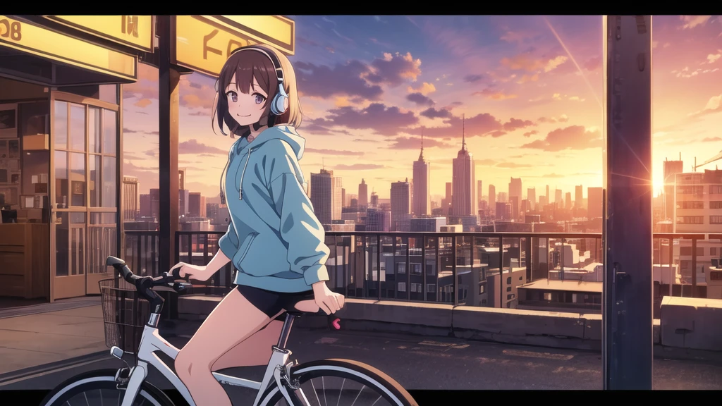 (8k, High resolution, Best Quality, Masterpiece:1.2), Lo-Fi, Relaxed girl listening to music with a headset 1, bicycle, smile, はにかんだsmile, In the city, neon
