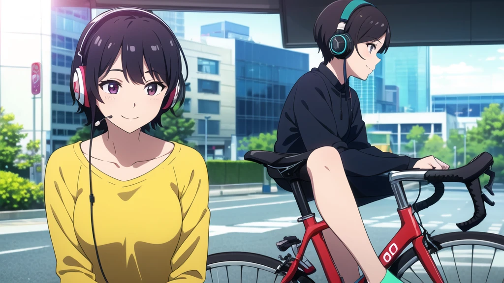 (8k, High resolution, Best Quality, Masterpiece:1.2), Lo-Fi, Relaxed girl listening to music with a headset 1, bicycle, smile, はにかんだsmile, In the city, neon
