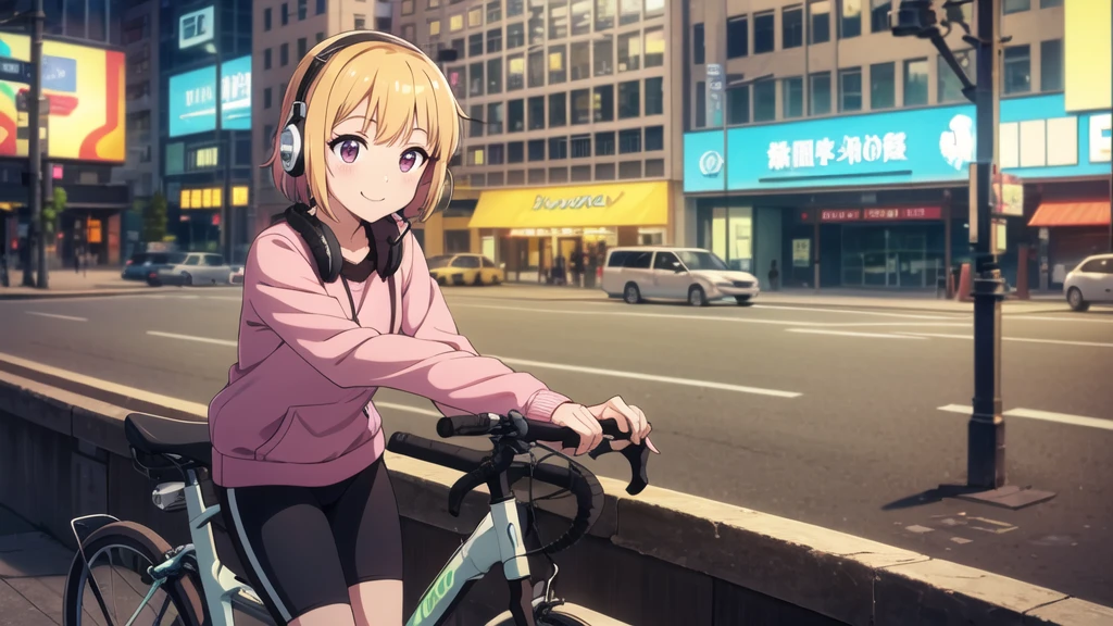 (8k, High resolution, Best Quality, Masterpiece:1.2), Lo-Fi, Relaxed girl listening to music with a headset 1, bicycle, smile, はにかんだsmile, In the city, neon