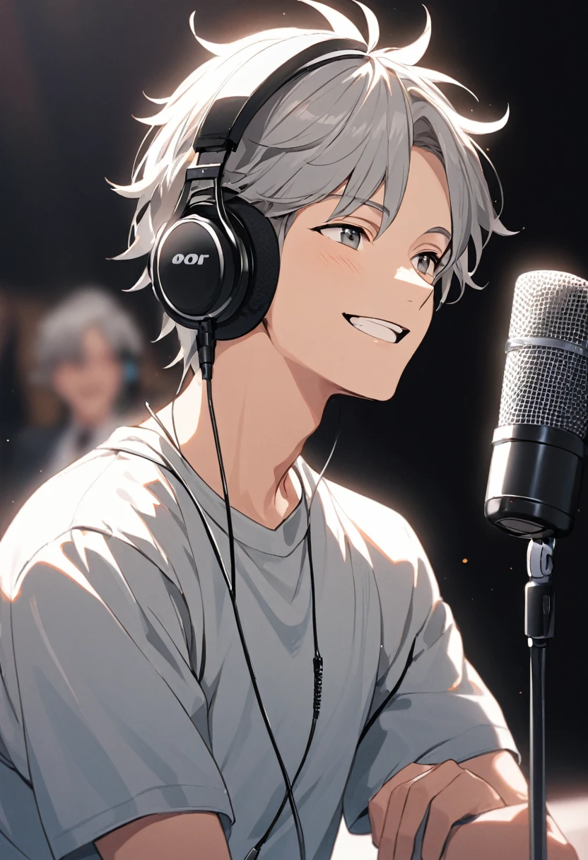 A young man with gray hair wearing headphones and speaking into a microphone. He is smiling.