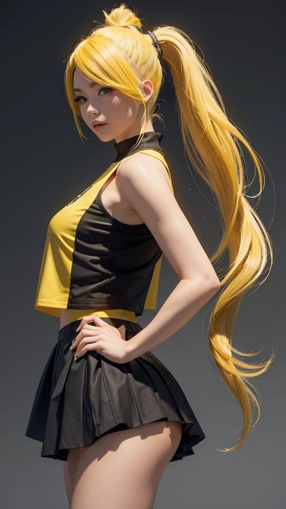 Beautiful girl in a short skirt with yellow hair in a ponytail on both sides, wallpaper. 3D