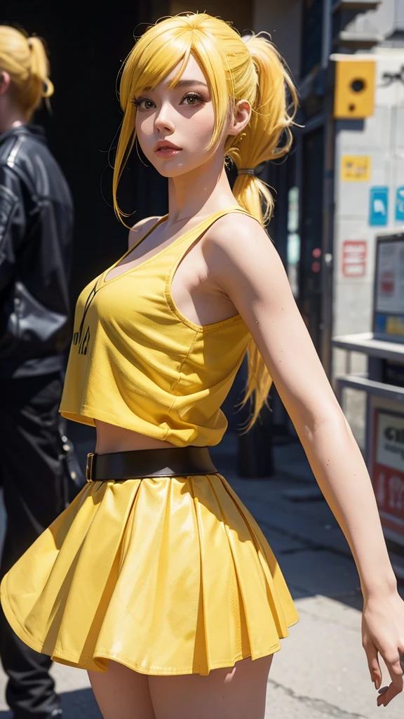 Beautiful girl in a short skirt with yellow hair in a ponytail on both sides, wallpaper. 3D