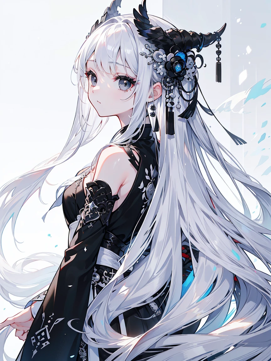 (Top image quality)、(Ultra Detailed)、(Facing forward)、top quality、masterpiece、(((1 girl)))、Silver Hair、white hair、((Long hair))、(black eyes:1.6)、(Hanfu)