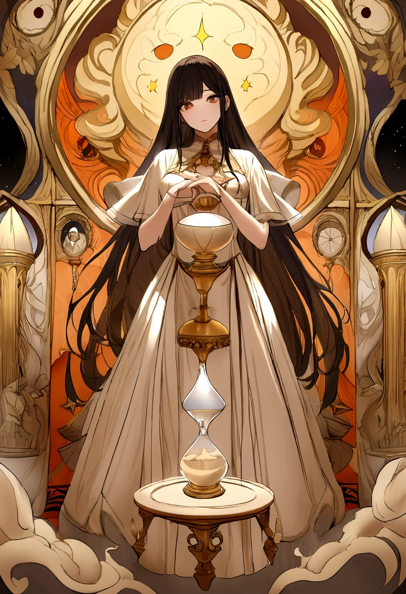 mommy vibes, dark hair within red, orange, and blonde in straight hair, ivory skintone, dark brown eyes, body postur like a sand clock