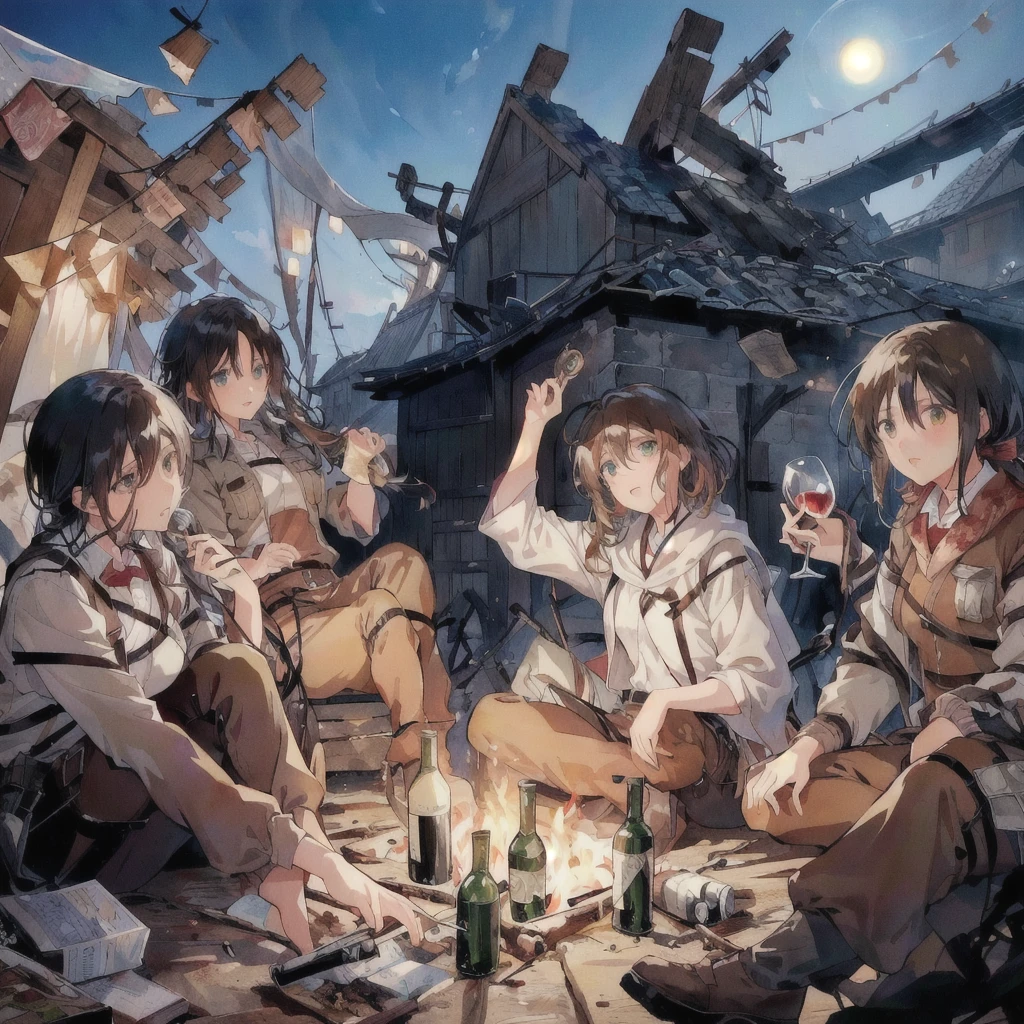 Female characters sitting around a campfire with a glass of wine, Open Mouth Smile,4K Manga Wallpapers, Sunku, everyone, From Attack on Titan, Official Art, Attack on Titan anime style, comics, artwork in the style of Gweitz, shingeki no kyojin, Anime Wallpaper, Attack on Titan Secret Art, Gweitz, Wisdom Friends Animation
