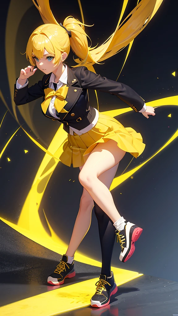 Beautiful girl in a short skirt with yellow hair in a ponytail on both sides, wallpaper. 3D